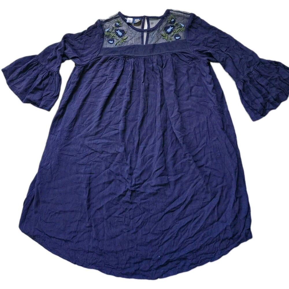 Route 66 Blue Boho Tunic Dress Embroidered Sheer Yoke Bell Sleeve Womens M EUC